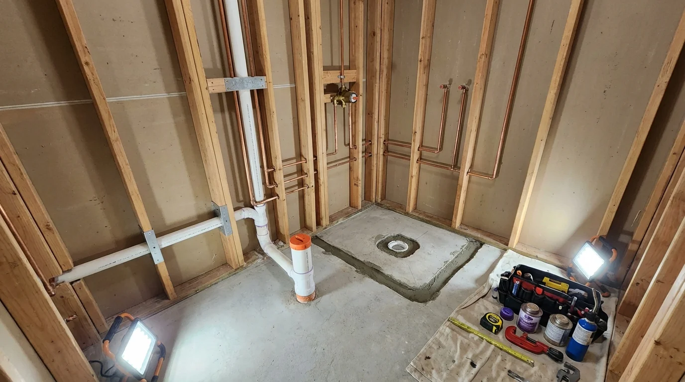 Bathroom rough-in plumbing during remodel by Johns Plumbing LLC in Horton