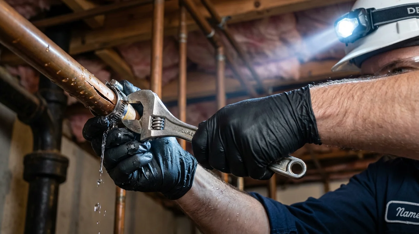 Emergency pipe clamp repair being performed by a Johns Plumbing LLC plumber in Horton
