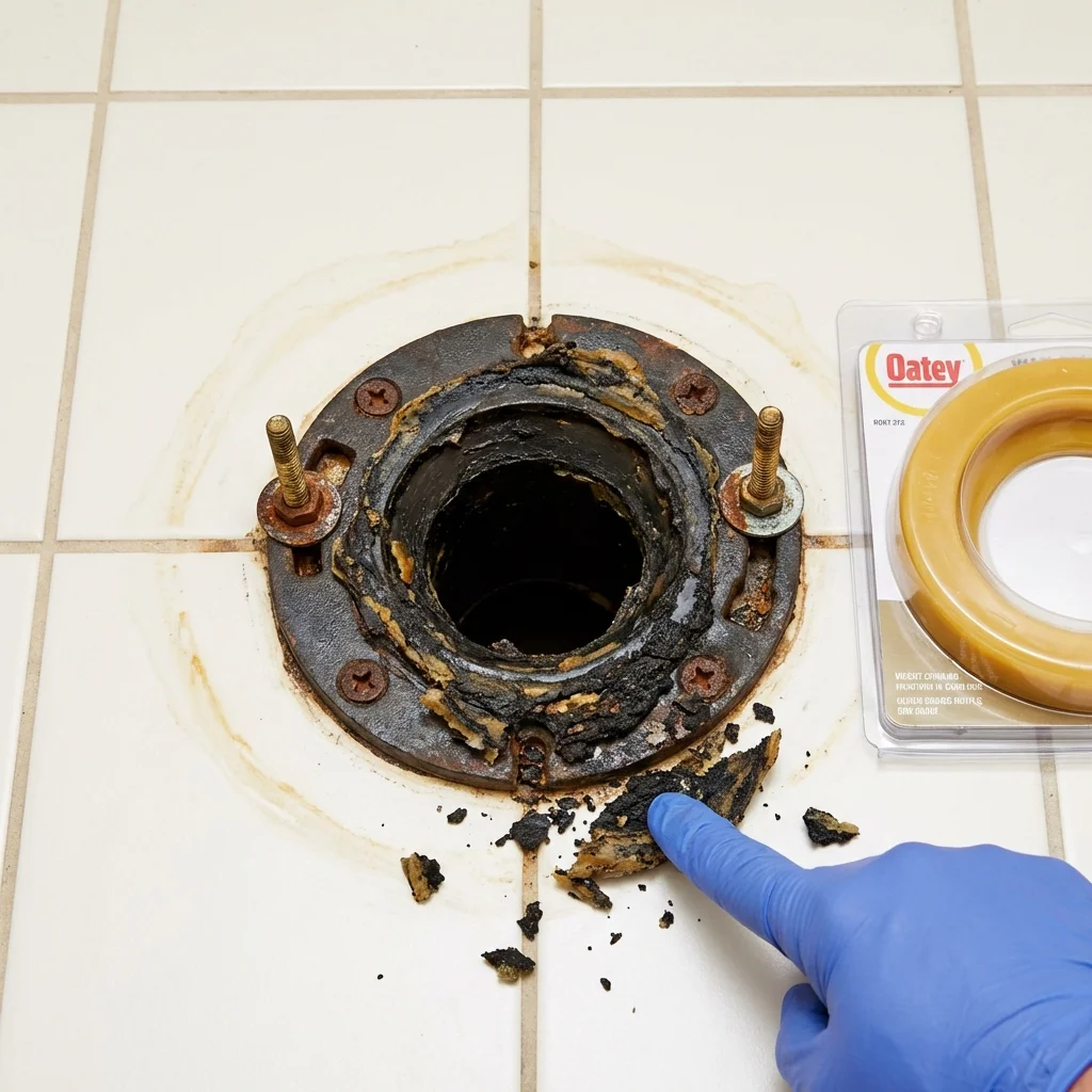 Failed wax ring showing water seepage at the base of a toilet in a Horton, KS home