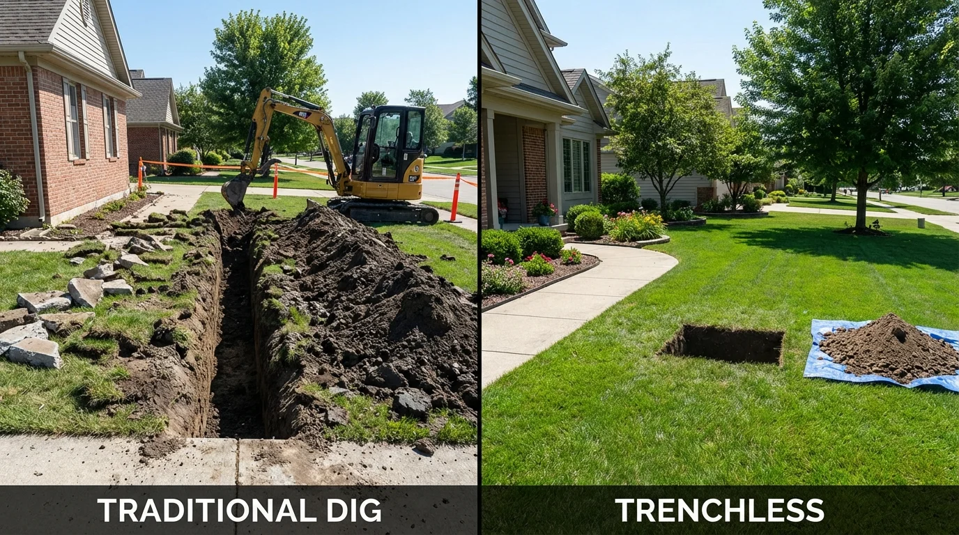 Trenchless sewer repair with minimal yard damage versus traditional excavation in Horton, KS