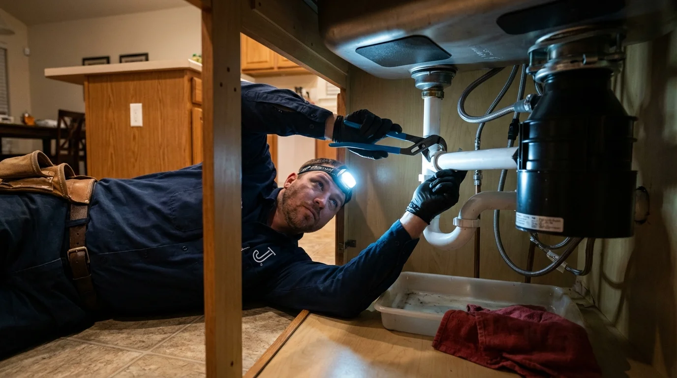 P-trap and supply line connections under a kitchen sink showing a common leak point in Horton, KS